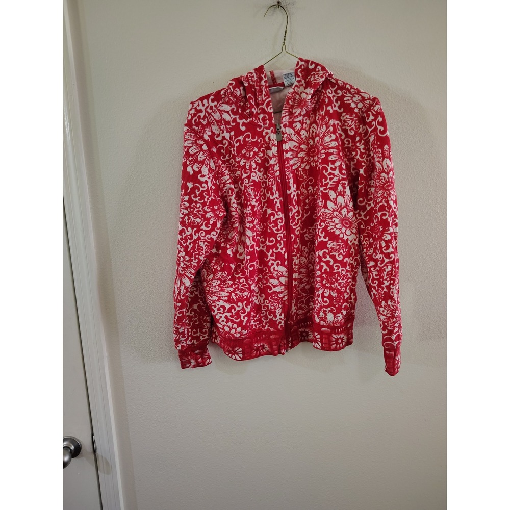 Kim Rogers Womens Red White Floral Damask Full Zip Cotton Hoodie Sweatshirt L